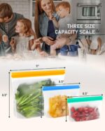 An 18-pack of clear IDEATECH reusable stand-up food storage bags with various foods inside, showcasing their organization and
