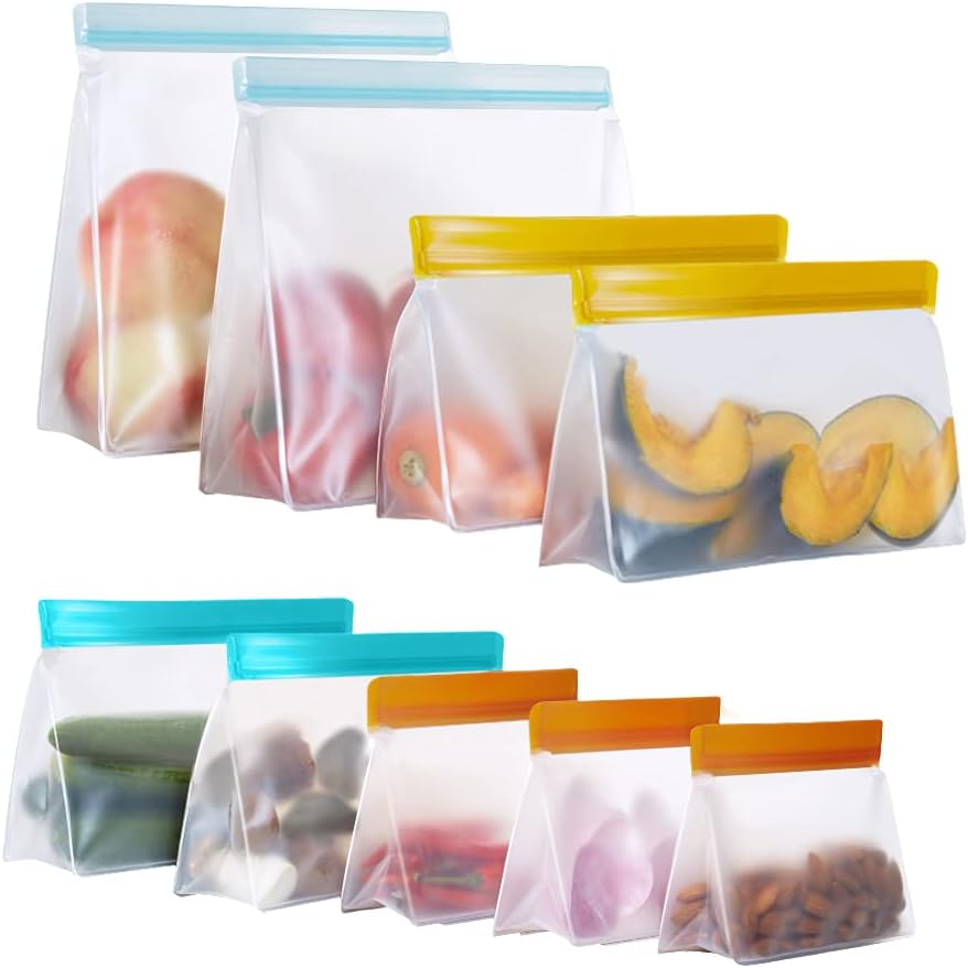 lovesolo-9-pack-reusable-stand-up-food-storage-bags-leakproof-gallon-freezer-snack-bags-01 A set of nine clear, rectangular LOVESOLO reusable food storage bags in various sizes, standing upright.
