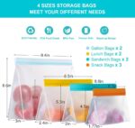 A set of nine clear, rectangular LOVESOLO reusable food storage bags in various sizes, standing upright.
