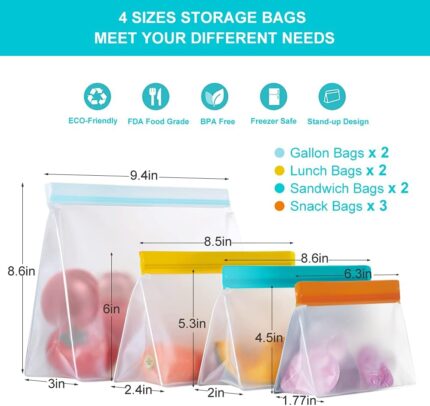 A set of nine clear, rectangular LOVESOLO reusable food storage bags in various sizes, standing upright.