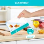 A set of nine clear, rectangular LOVESOLO reusable food storage bags in various sizes, standing upright.