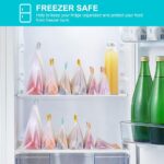 A set of nine clear, rectangular LOVESOLO reusable food storage bags in various sizes, standing upright.