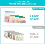 A set of nine clear, rectangular LOVESOLO reusable food storage bags in various sizes, standing upright.