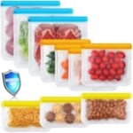 A set of 10 NIKUY reusable food storage bags in various sizes (gallon, sandwich, snack) with multicolor accents.