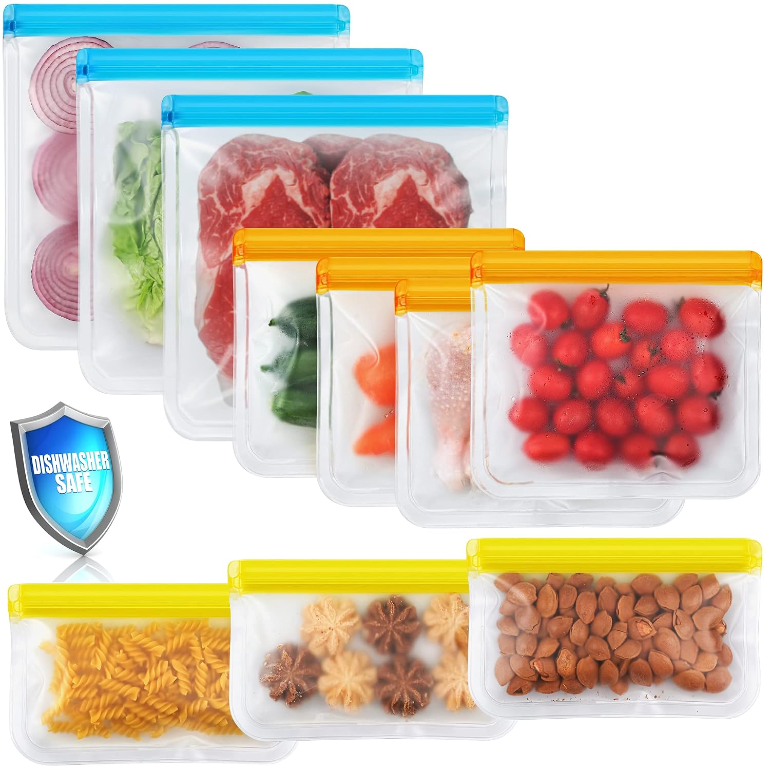 nikuy-10-pack-reusable-food-storage-bags-gallon-sandwich-snack-leakproof-01 A set of 10 NIKUY reusable food storage bags in various sizes (gallon, sandwich, snack) with multicolor accents.