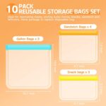 A set of 10 NIKUY reusable food storage bags in various sizes (gallon, sandwich, snack) with multicolor accents.