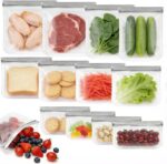 A set of twelve grey reusable silicone food storage bags in various sizes, including gallon, sandwich, and snack bags, with c