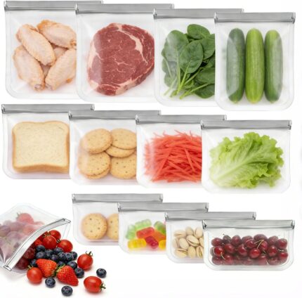 A set of twelve grey reusable silicone food storage bags in various sizes, including gallon, sandwich, and snack bags, with c