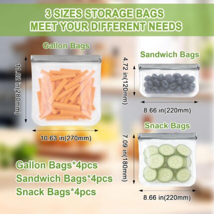 A set of twelve grey reusable silicone food storage bags in various sizes, including gallon, sandwich, and snack bags, with c
