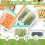 A set of twelve grey reusable silicone food storage bags in various sizes, including gallon, sandwich, and snack bags, with c