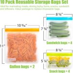 A set of Qinline reusable food storage bags in various sizes with orange, blue, and yellow zippers, filled with fresh food it
