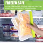 A set of Qinline reusable food storage bags in various sizes with orange, blue, and yellow zippers, filled with fresh food it
