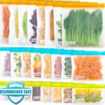 A set of 24 Qinline reusable food storage bags in various sizes (gallon, sandwich, snack) with colorful zipper closures, agai