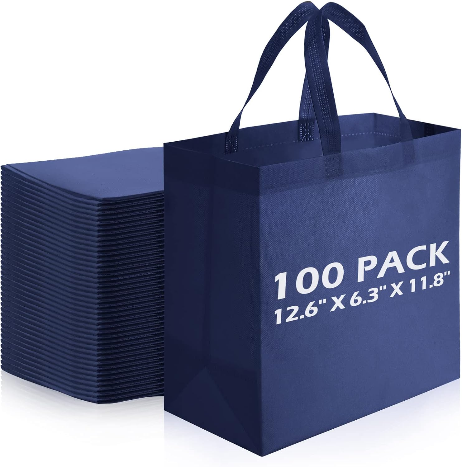reginary-100-pack-navy-blue-reusable-non-woven-tote-bags-with-handles-01 A stack of 100 navy blue reusable non-woven tote bags with handles, neatly folded and ready for use.