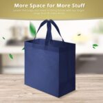 A stack of 100 navy blue reusable non-woven tote bags with handles, neatly folded and ready for use.