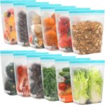 A set of 12 clear roonoo reusable gallon freezer bags with colorful zippers, stacked and organized.