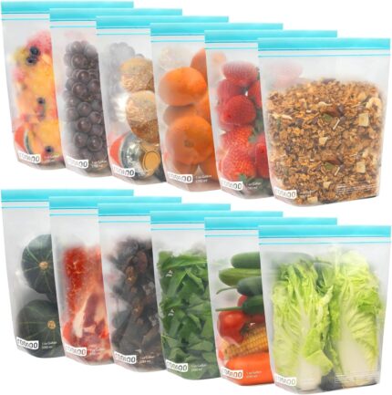 A set of 12 clear roonoo reusable gallon freezer bags with colorful zippers, stacked and organized.