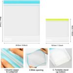 A set of 12 clear roonoo reusable gallon freezer bags with colorful zippers, stacked and organized.