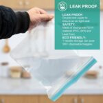 A set of 12 clear roonoo reusable gallon freezer bags with colorful zippers, stacked and organized.
