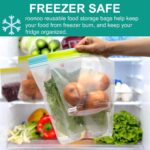 A set of 12 clear roonoo reusable gallon freezer bags with colorful zippers, stacked and organized.