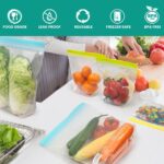 A set of 12 clear roonoo reusable gallon freezer bags with colorful zippers, stacked and organized.