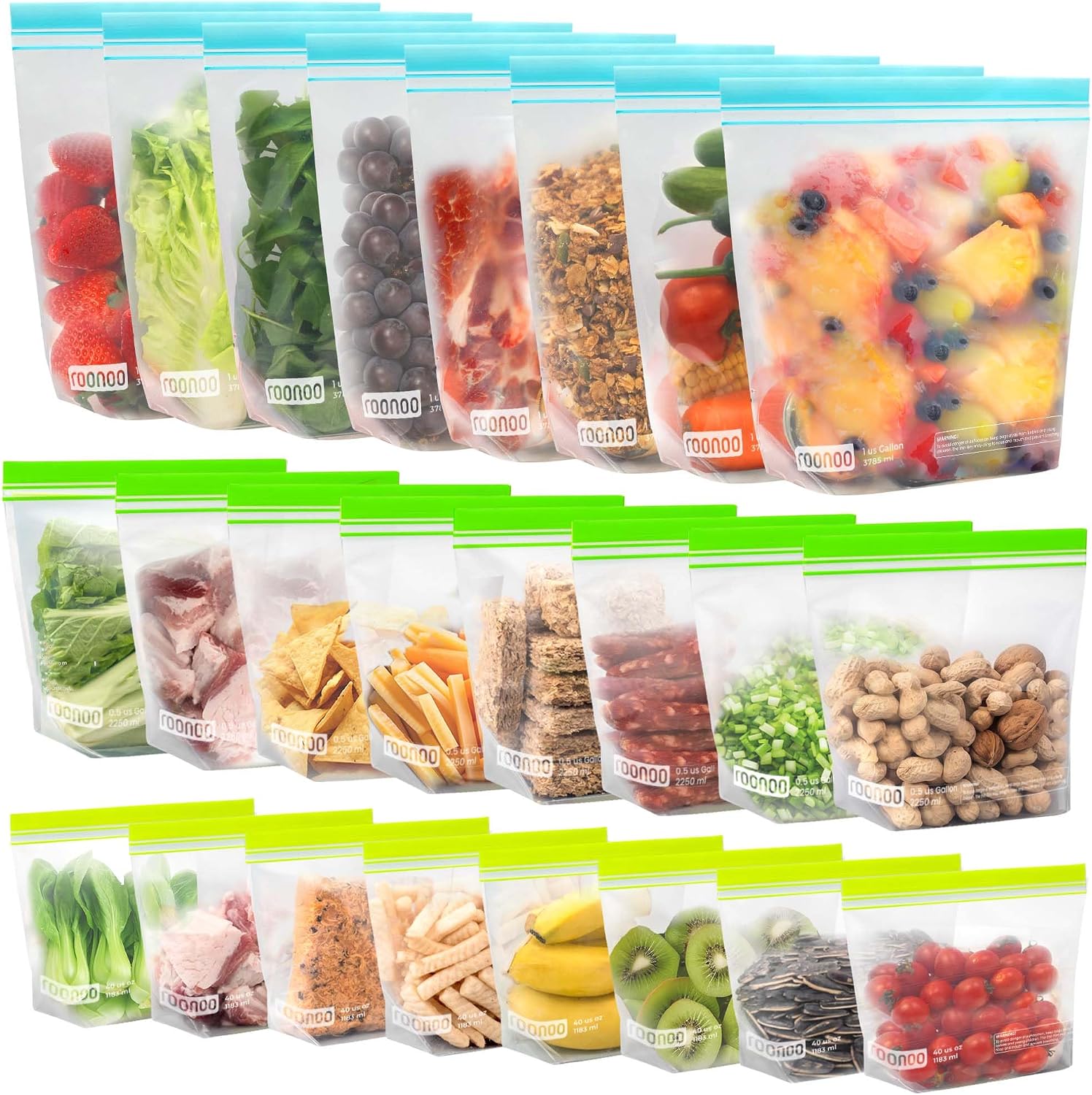 roonoo-24-pack-reusable-food-storage-bags-dishwasher-safe-gallon-half-gallon-quart-01 A set of 24 multicolored roonoo reusable food storage bags in gallon, half-gallon, and quart sizes, standing upright.
