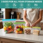 A set of 24 multicolored roonoo reusable food storage bags in gallon, half-gallon, and quart sizes, standing upright.