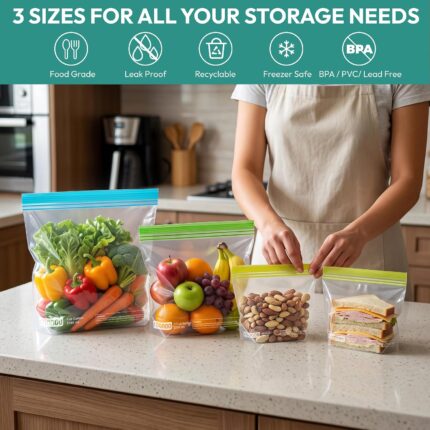 A set of 24 multicolored roonoo reusable food storage bags in gallon, half-gallon, and quart sizes, standing upright.