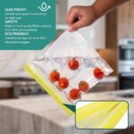 A set of 24 multicolored roonoo reusable food storage bags in gallon, half-gallon, and quart sizes, standing upright.