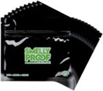 Ten black Smelly Proof reusable food storage bags, 6 by 4 inches, stacked neatly against a neutral background.