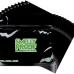 Ten black Smelly Proof reusable food storage bags, 6 by 4 inches, stacked neatly against a neutral background.
