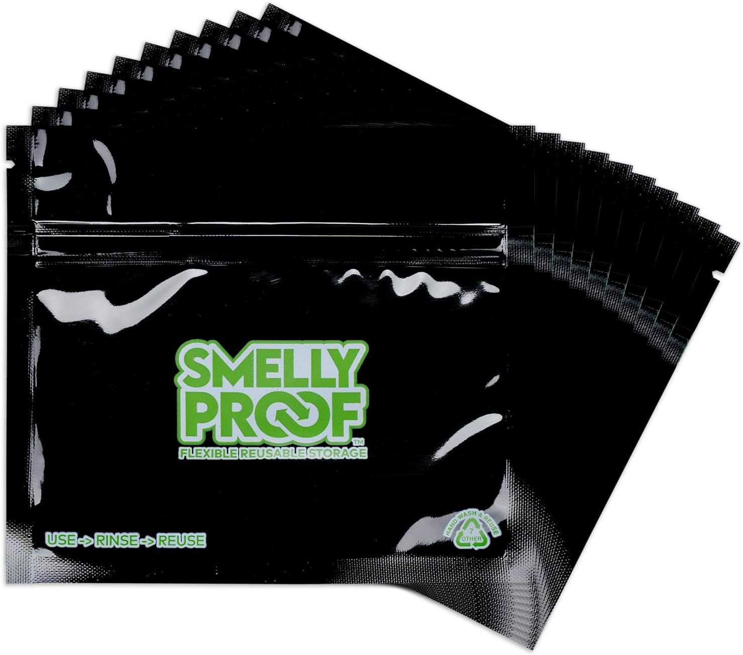 smelly-proof-10pk-4-mil-heavy-duty-reusable-black-food-storage-bags-6-x-4-01 Ten black Smelly Proof reusable food storage bags, 6 by 4 inches, stacked neatly against a neutral background.