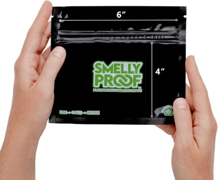 Ten black Smelly Proof reusable food storage bags, 6 by 4 inches, stacked neatly against a neutral background.