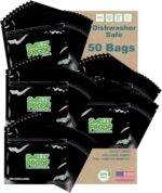 Ten black Smelly Proof reusable food storage bags, 6 by 4 inches, stacked neatly against a neutral background.