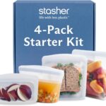 Clear Stasher reusable silicone storage bags in various sizes, including a sandwich bag, snack bag, stand-up mid bag, and a b
