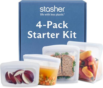 Clear Stasher reusable silicone storage bags in various sizes, including a sandwich bag, snack bag, stand-up mid bag, and a b