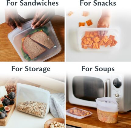 Clear Stasher reusable silicone storage bags in various sizes, including a sandwich bag, snack bag, stand-up mid bag, and a b
