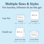 Clear Stasher reusable silicone storage bags in various sizes, including a sandwich bag, snack bag, stand-up mid bag, and a b
