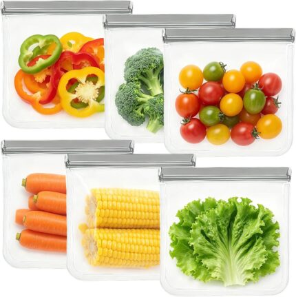 Six transparent SZTCECDM reusable gallon freezer bags with grey zippers, filled with various foods like meat and vegetables.