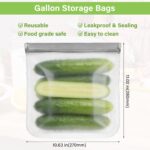 Six transparent SZTCECDM reusable gallon freezer bags with grey zippers, filled with various foods like meat and vegetables.
