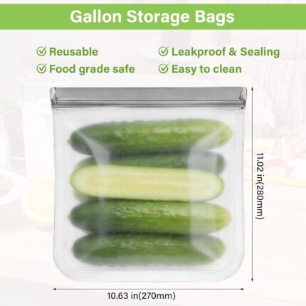 Six transparent SZTCECDM reusable gallon freezer bags with grey zippers, filled with various foods like meat and vegetables.