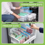 Six transparent SZTCECDM reusable gallon freezer bags with grey zippers, filled with various foods like meat and vegetables.