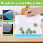Six transparent SZTCECDM reusable gallon freezer bags with grey zippers, filled with various foods like meat and vegetables.