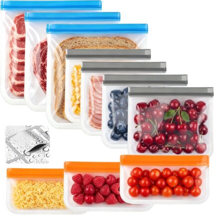 A set of Tvrrhak reusable food storage bags in various sizes, with a secure dual-seal closure.