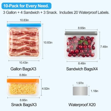 A set of Tvrrhak reusable food storage bags in various sizes, with a secure dual-seal closure.
